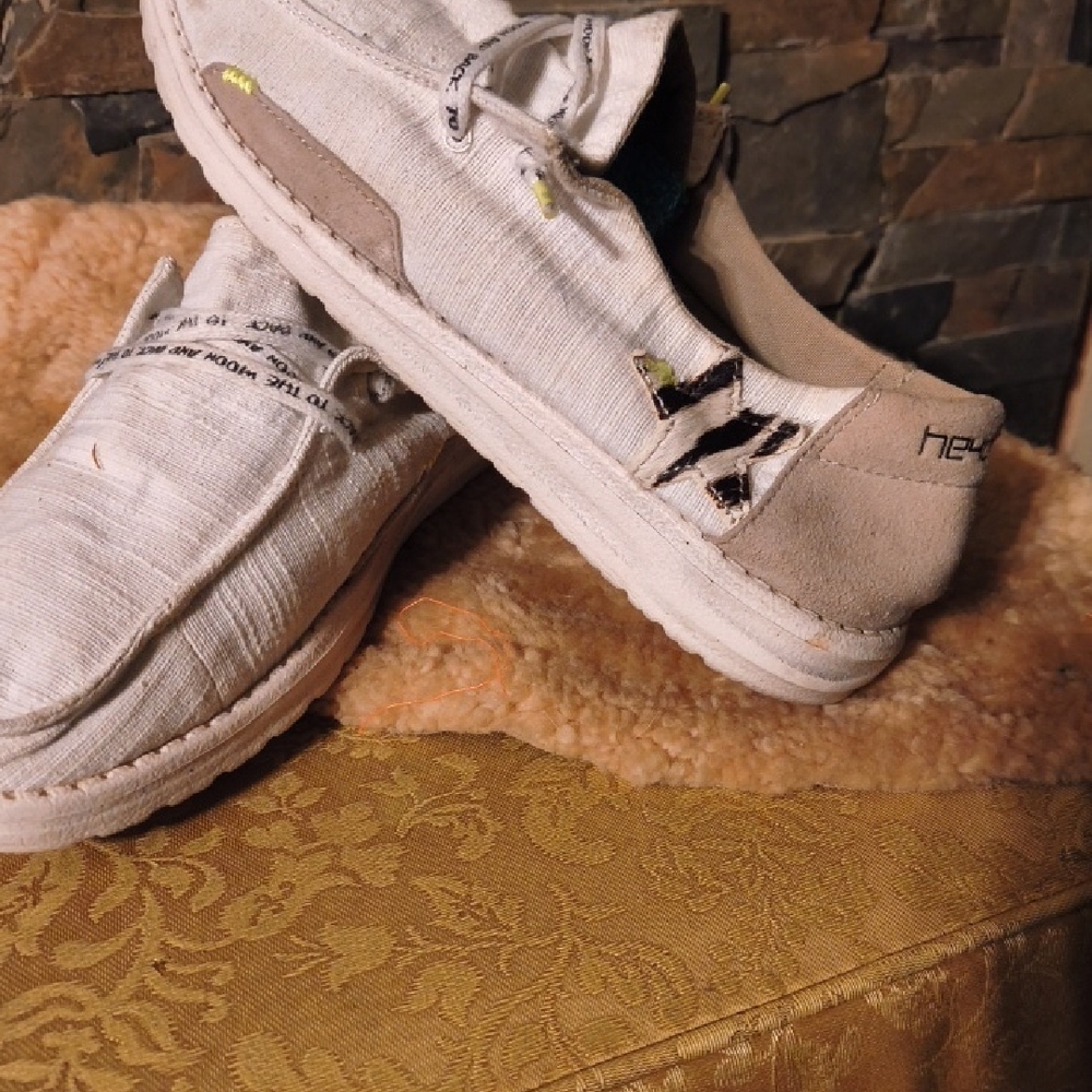 HEY DUDE! YEAH YOU! Tan and White Casual Flats with Moccasin Stitching - Picture 6 of 6